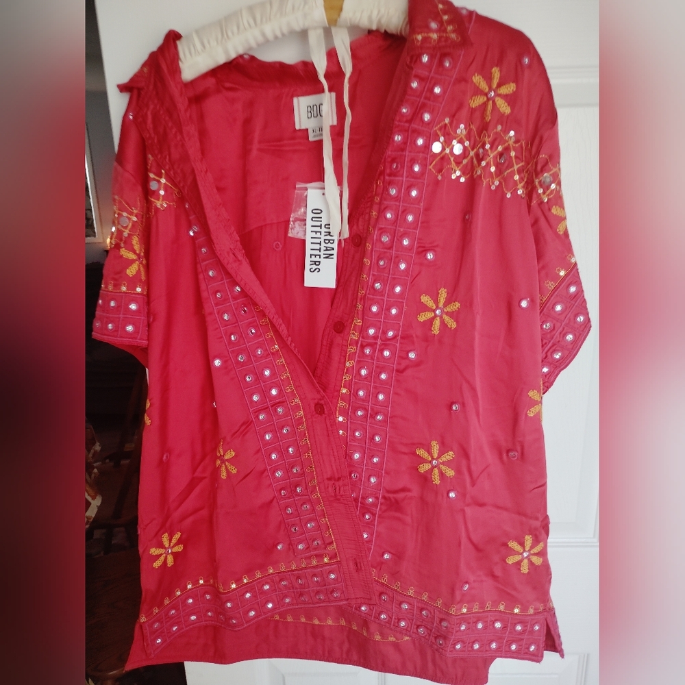Urban Outfitters Button Down  Top Gold Embroidery Paillettes Mirrors NWT Size XL
